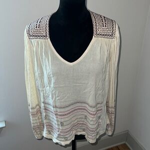 Lucky Brand Sz M Boho embroidered balloon ling sleeves‎ v neck top blouse
